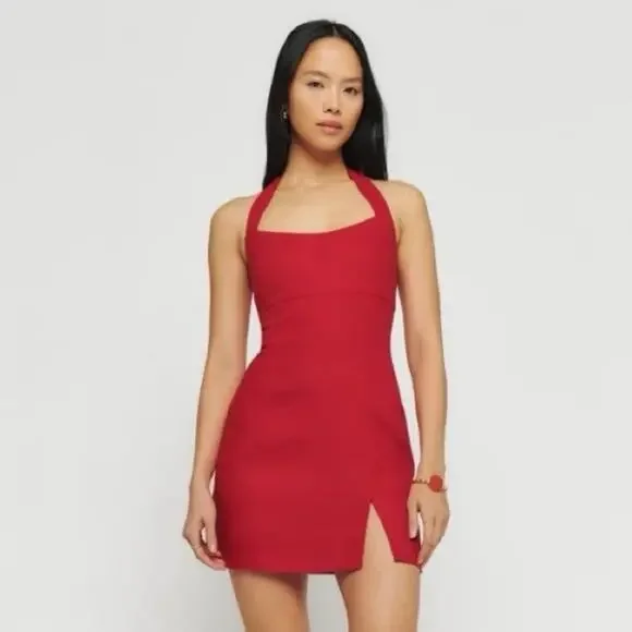 chinese dress ladies Reformation Red 100% Linen Sweetheart Finn Button Up Tie Waist Mini Dress  Size 2 main image 1
